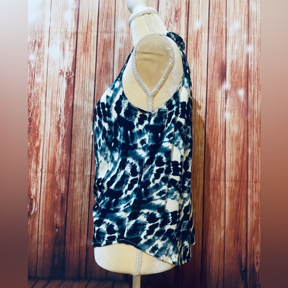 Women’s Medium Tank Top Bobeau Blue Tie Dye V Neck Ruffle Tie Tassel Textured - Picture 9 of 13